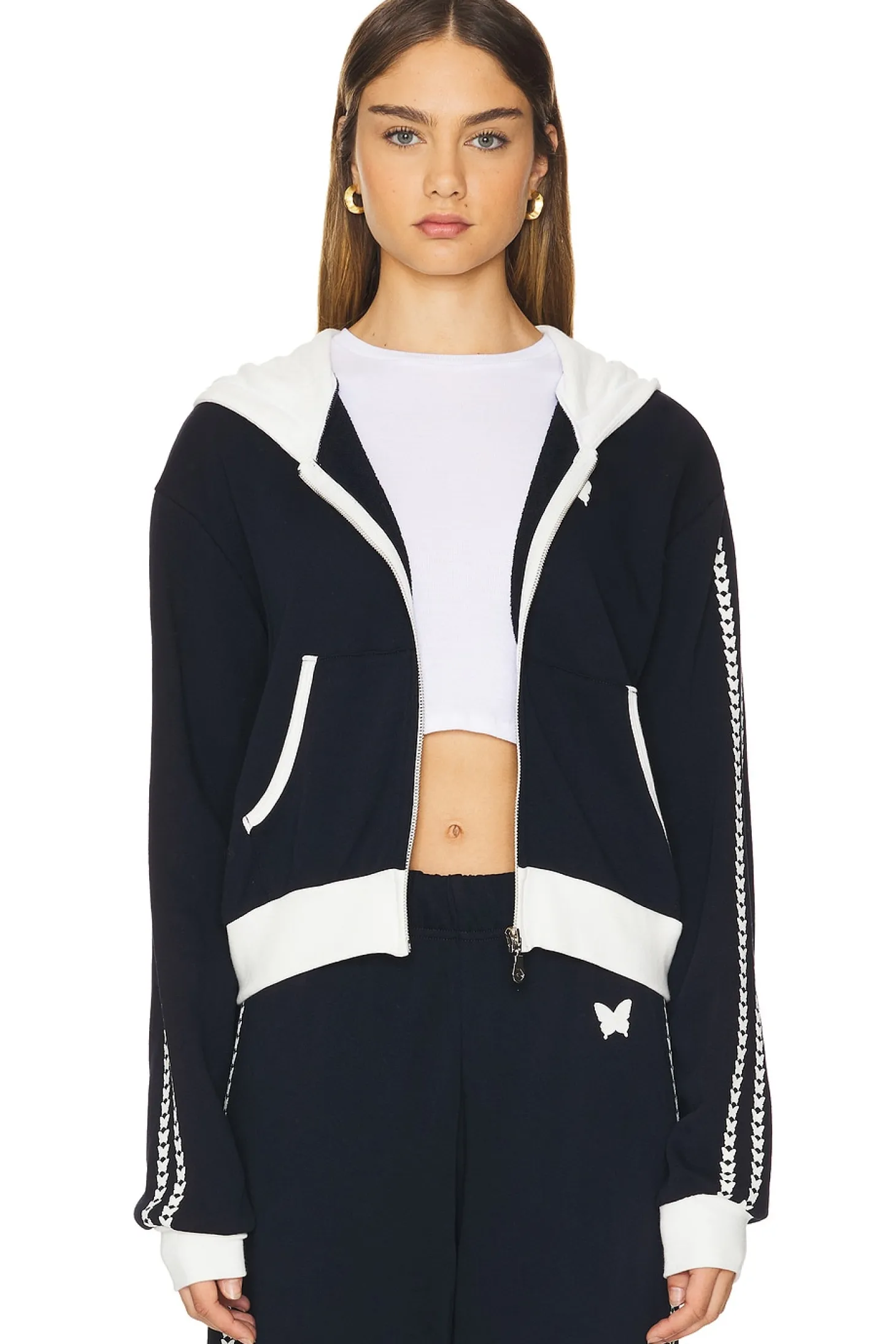 Audri Color Block Crop Happyface Zip Up Hoodie