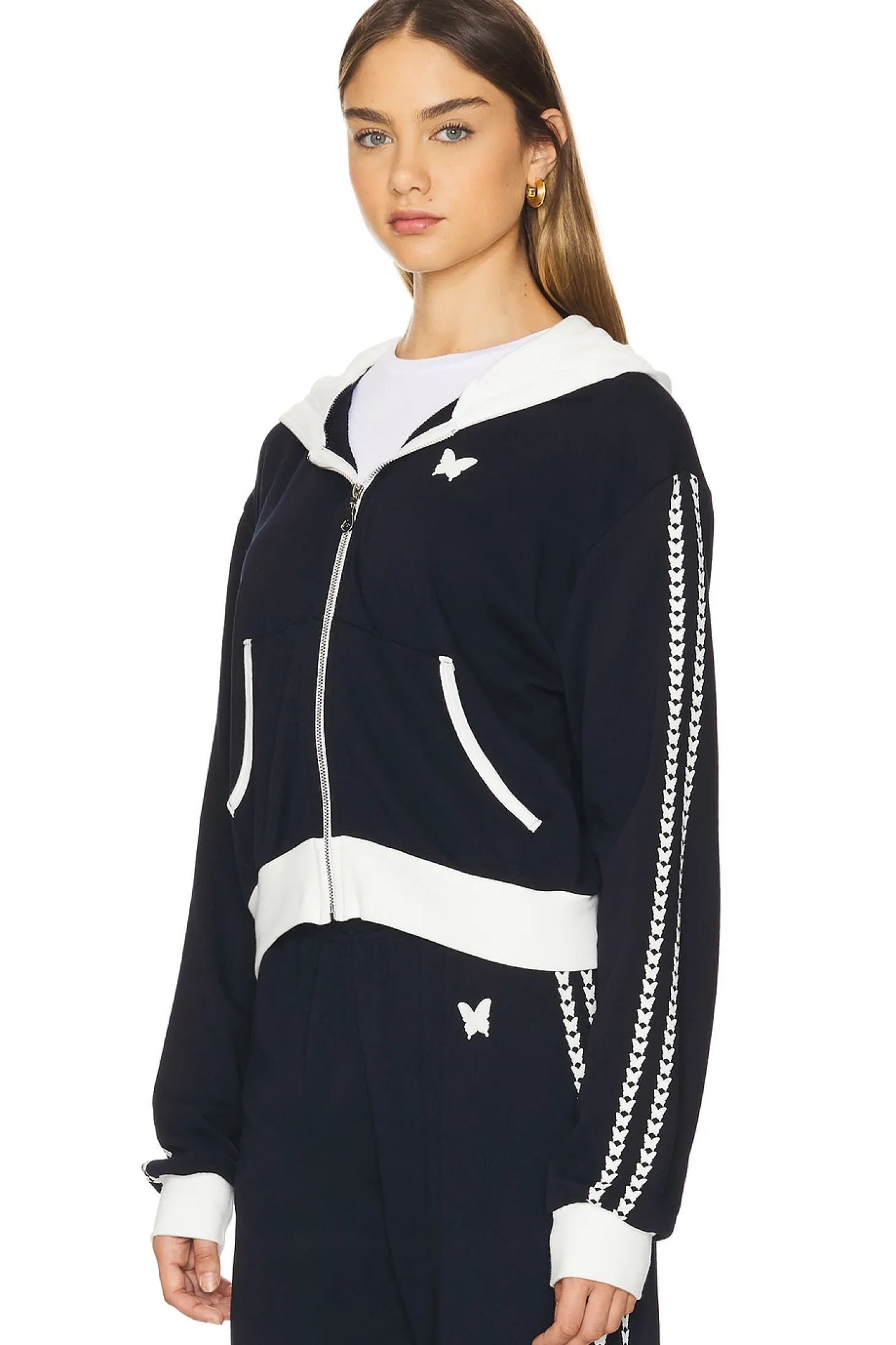 Audri Color Block Crop Happyface Zip Up Hoodie