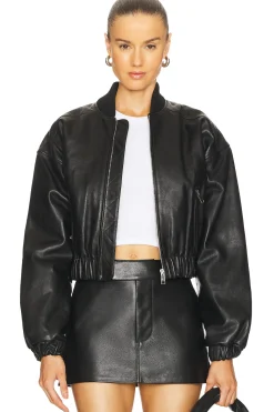 Cropped Leather Bomber Jacket