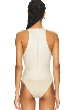 Faux Leather Plunge Neck Bodysuit