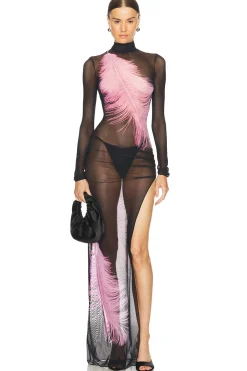 Feather Printed Long Sleeve Mesh Gown