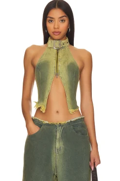 Green Denim Buckle Neck Top