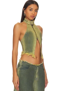 Green Denim Buckle Neck Top