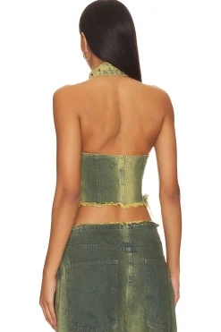 Green Denim Buckle Neck Top