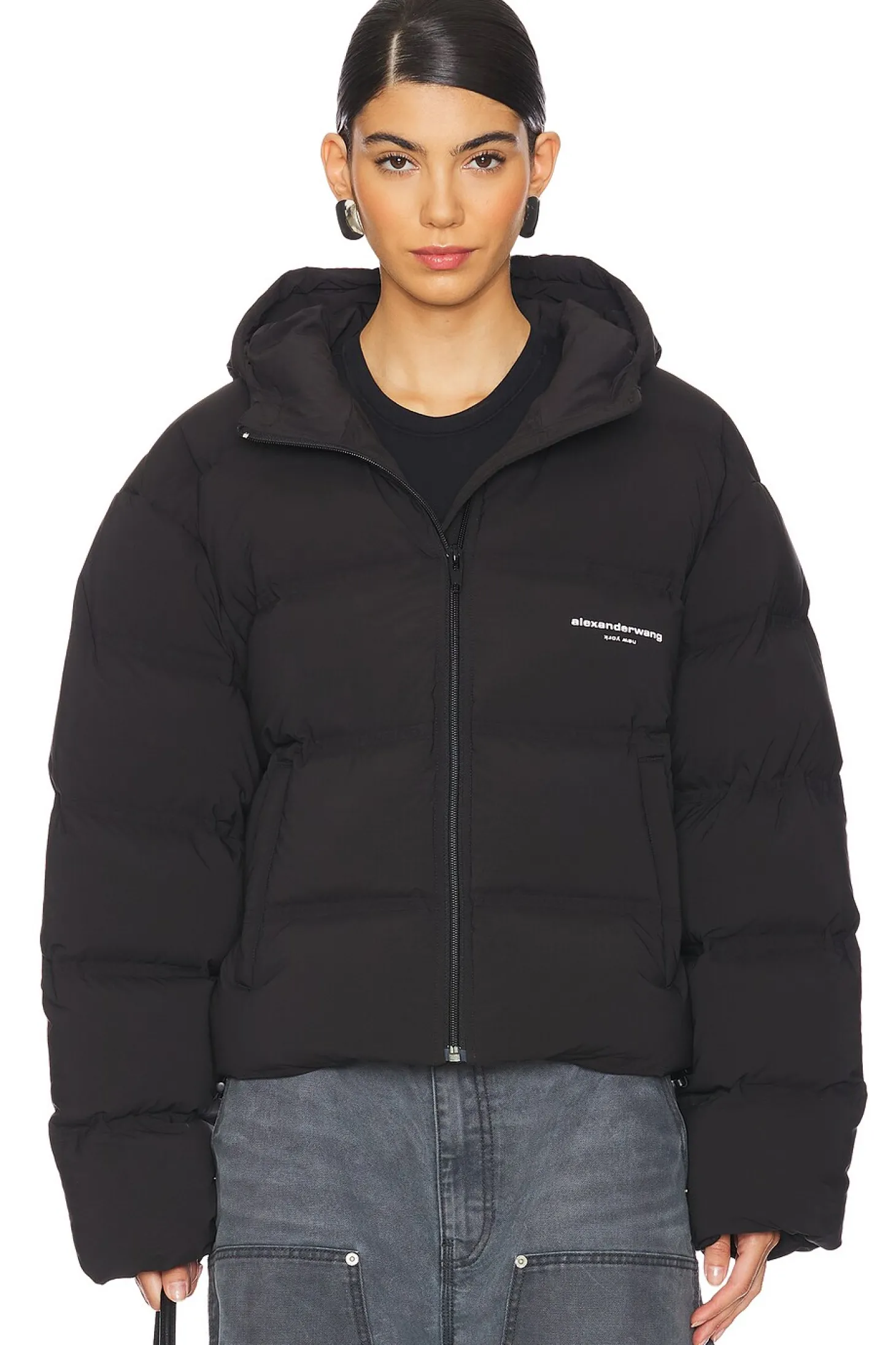Jacquard Channel Cropped Hooded Puffer
