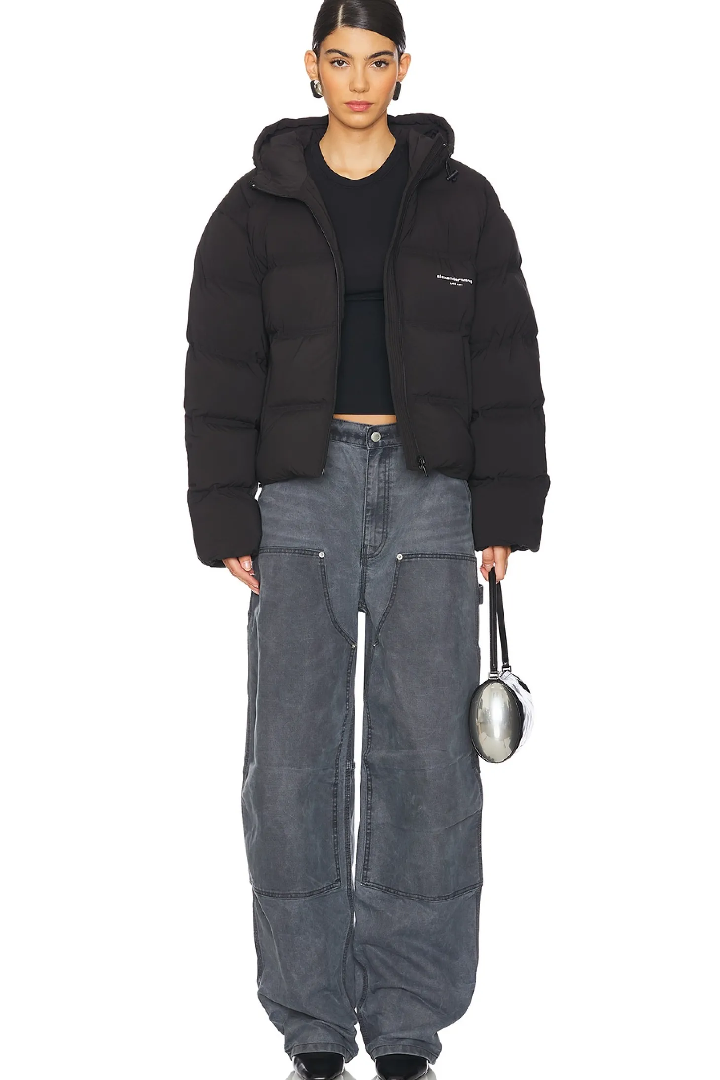 Jacquard Channel Cropped Hooded Puffer