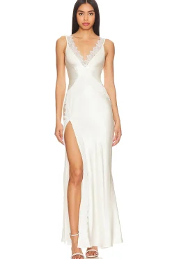 La Lune Cumulus Silk Lace Strap Split Maxi Dress