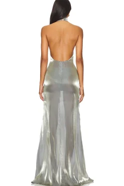 Metallic Organza Halter Open Back Gown