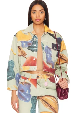 Paint Print Cropped Denim Jacket