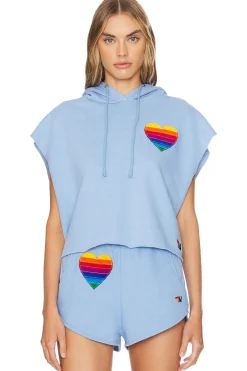 Rainbow Heart Stitch Sleeveless Cropped Hoodie