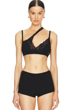 Ribbed Jersey Bra With Asymmetric Lace Trim